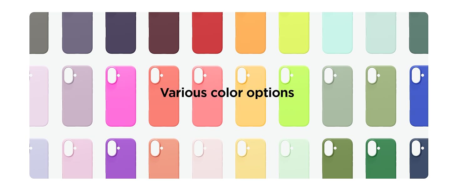 Color palette display showing various phone case options ranging from neutral grays to vibrant pinks, yellows, and greens.