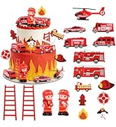 Hooqict 17 Pieces Fire Truck Cake Decorations Set with Mini Firetruck Firefighter Fire Engine Bir...