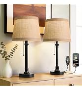 Oneach 19.5" Small Table Lamps Set of 2 for Living Room Bedroom, USB A+C | Pull Chain Switch Rust...