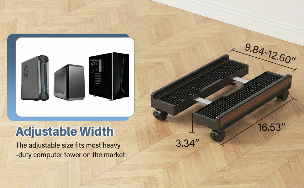 Adjustable steel tower stand: W9.8-12.6 H16.5 D3.3. Elevates for airflow/dust. Fits most PC.