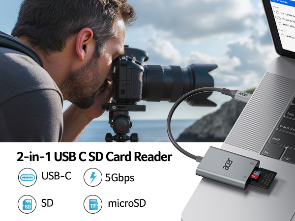2-in-1 USB CSD Card Reader with USB-C connection, 5Gbps speed, and support for SD and microSD cards. Connected to a laptop, with a photographer using a camera in the background.