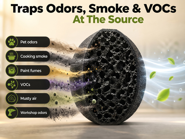 VALORA coconut carbon filter removing household odors and airborne pollutants.