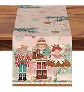 Croar Pink Christmas Nutcracker Dining Table Runner, Xmas Tree Snowflake Waffle Cookie Candy Burl...