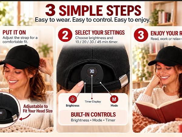Three steps: adjust the red light cap, select brightness and timer, then read or relax hands-free.