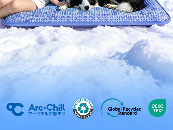 Text reads 'Arc-Chill' logo with certification badges including 'Global Recycled Standard' and 'OEKO TEX'. Blue textured cooling mat or pad on snow, demonstrating temperature regulation technology.