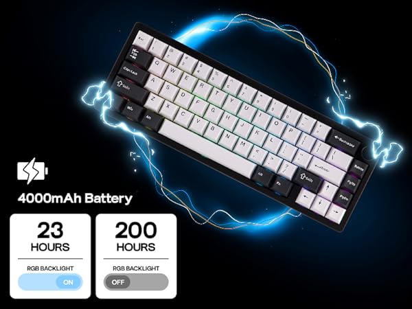 Wireless keyboard with RGB backlighting, 4000mAh battery offering 23 hours use with backlight on, 200 hours off. Blue energy effects surround the keyboard.