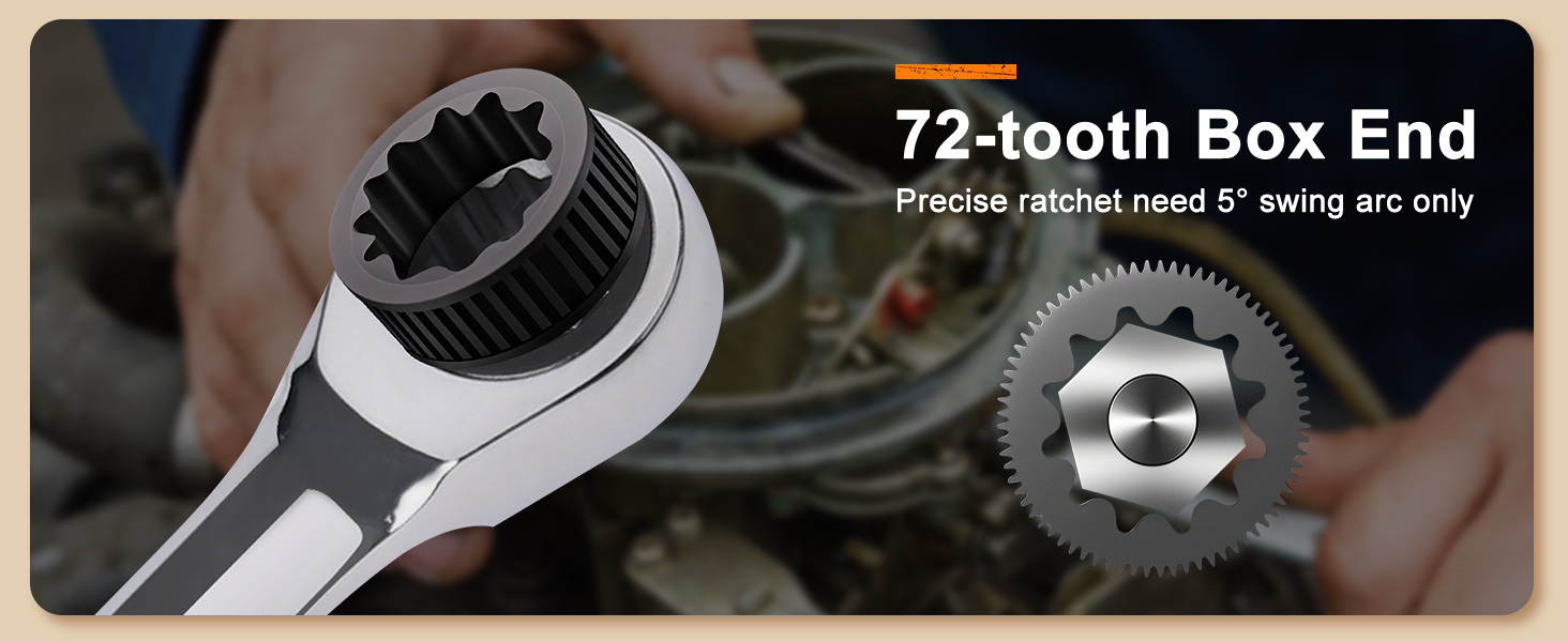 72-tooth Box EndPrecise ratchet need 5 swing arc only