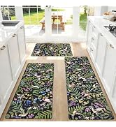 Yinhua Black Kitchen Mats for Floor Sets of 3, Floral Anti Fatigue Mats for Kitchen Floor Rug Cus...