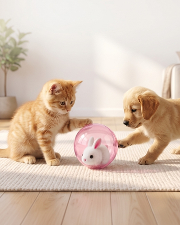 A self-rolling automatic cat toy ball steering away from obstacles safely.