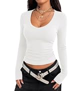 LOMON Long Sleeve Shirts for Women Deep V Neck T-Shirt Ribbed Knit Slim Fit Casual Basic Crop Top...