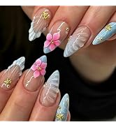 24Pcs 3D Pink Flower Press On Nails Almond Medium French Tip Fake Nails with Gold Starfish, Shell...
