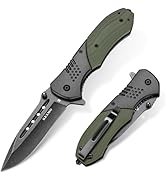 KEXMO Folding Pocket Knife with D2 Steel Black Stone Wash Blade and G10 Handle Small Camping Knif...