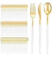 I00000 300 Pcs Gold Plastic Silverware - Gold Disposable Silverware - Heavy Duty White and Gold P...