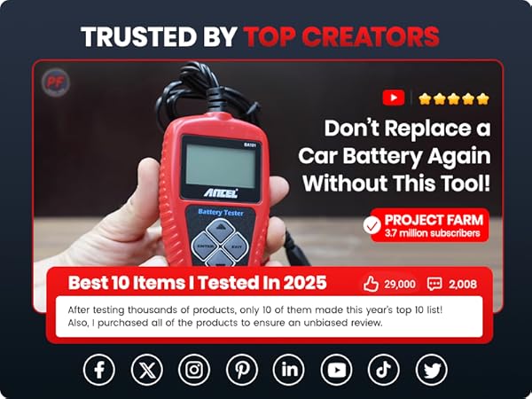 Battery tester featured by creators like Project Farm, RacerX, and AutoGuide