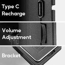 Text reads 'Type C Recharge', 'Volume Adjustment', 'Bracket'. Close-up view of device interface showing labeled controls and ports.