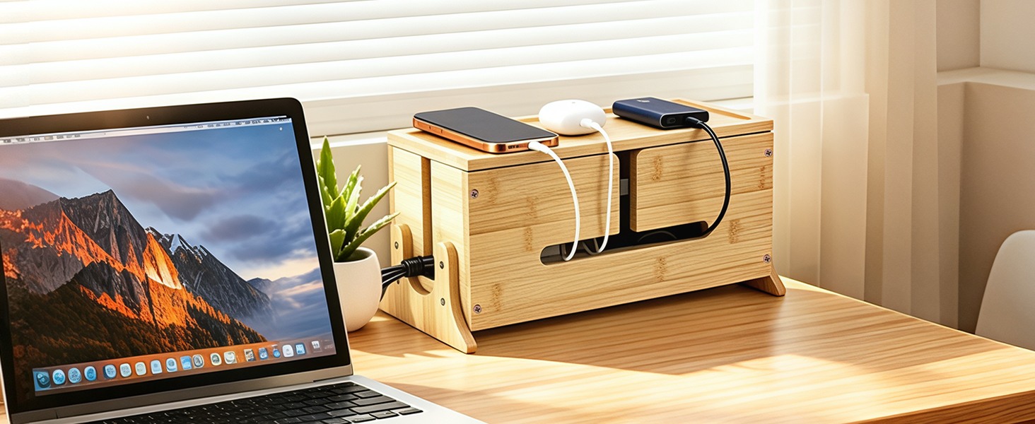 cable management box, wooden box, wood box, cord hider box, cable management