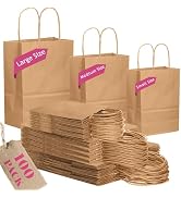 qiqee 100-Packs Brown Paper Gift Bags with Handles Bulk Assorted Sizes(33 Large 13", 33 Medium 11...