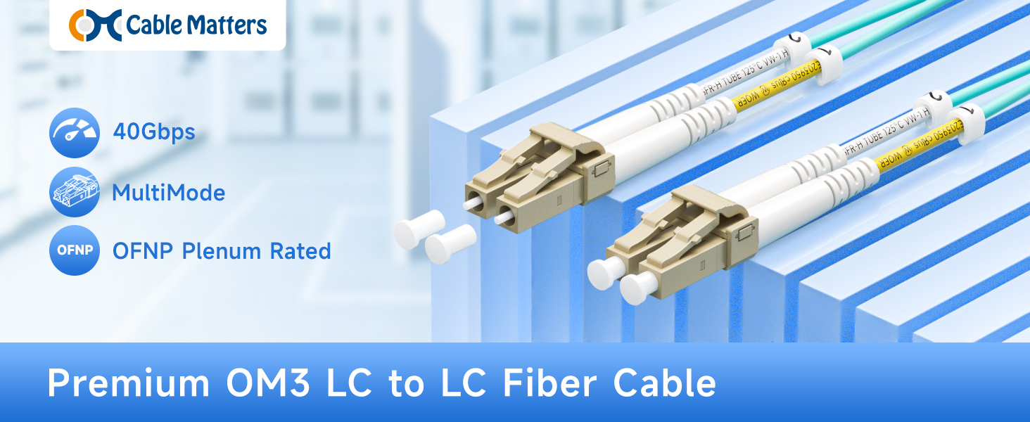 Cable Matters OM3 LC to LC fiber patch cable for 10G SFP+ network connections in data centers