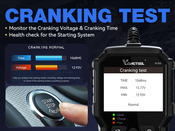 Text reads 'CRANKING TEST'. Digital display showing vehicle diagnostic interface with voltage readings and status bars.