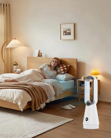 Bedroom interior with beige upholstered bed, table lamp, and tall white tower fan unit positioned beside the bed on light carpeted floor.