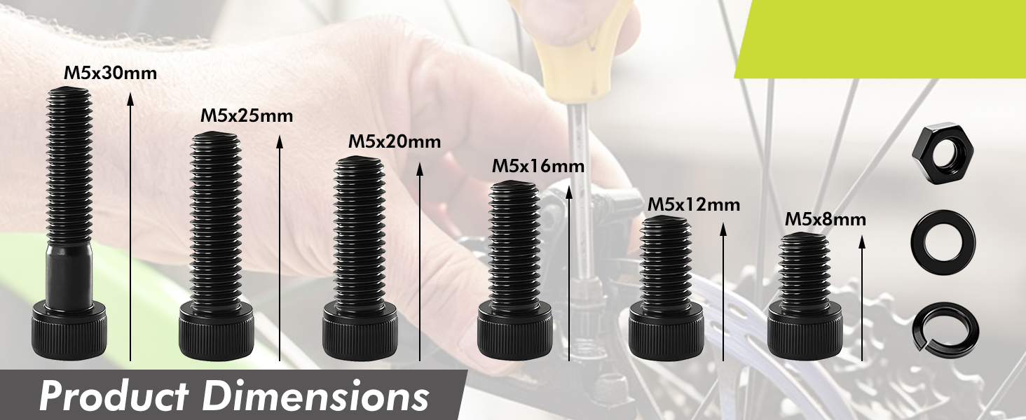 70 M5 socket head cap screws (6 lengths), 70 hex nuts, 70 flat washers, and 70 lock washers