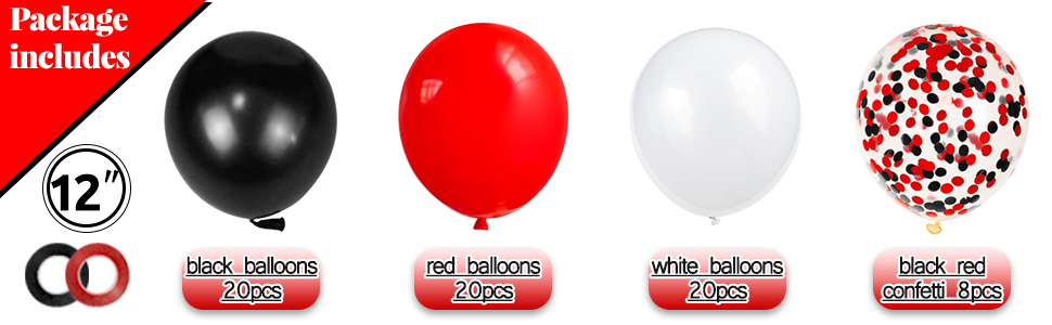 black balloon red balloon white balloon black and red confetti balloons