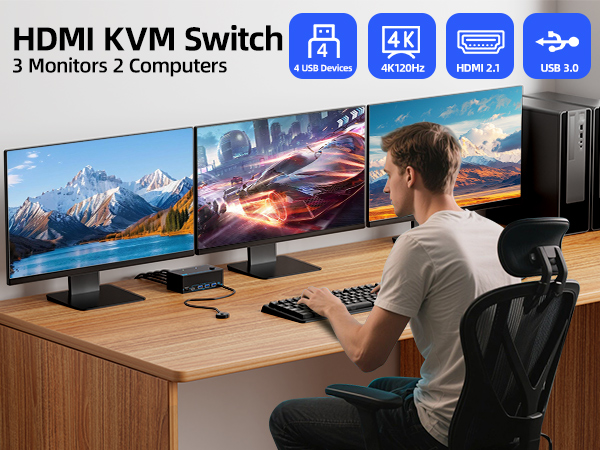 8K HDMI KVM Switch 3 Monitors 2 Computers 8K@60Hz 4K@120Hz