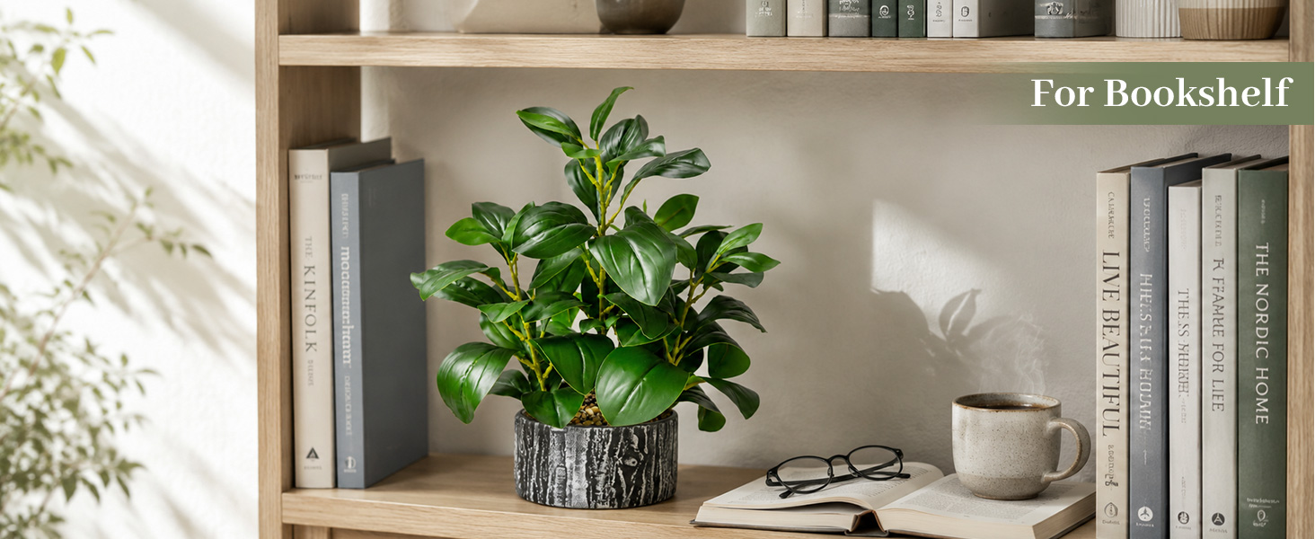 artificial green potted plant bookshelf decor