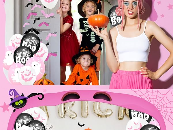 Halloween decorations birthday horror balloons black spider web white balloon ghost boo bats pink