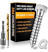 Xpokcai 12 Sets 3/8" x 2" Hex Head Lag Screws for Wood, Hex Head Lag Bolts,304 Stainless Steel 18...