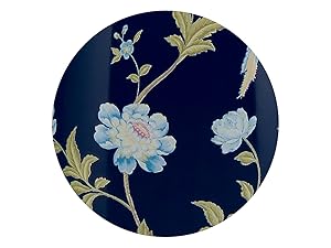 Circular fabric swatch featuring floral pattern with light blue flowers and olive green leaves on navy blue background