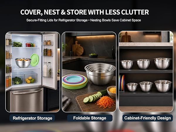 refrigerator storage; nesting bowls; cabinet space; meal prep; picture part of AI