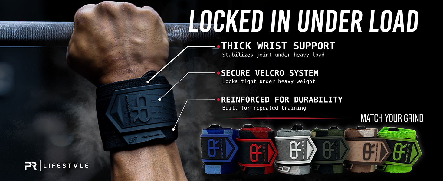 Athlete wearing black wrist wraps gripping barbell with text highlighting strength and support
