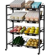 IBUYKE 25.2" W Kitchen Fruit Vegetable Storage Cart,Metal Rolling Snack Cart with 8 Removable Bas...