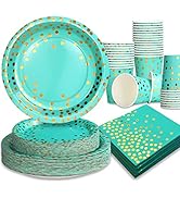 Gudvilla 200PCS Teal Plates and Napkins Party Supplies,Teal Paper Plates with Golden Dot Serve 50...