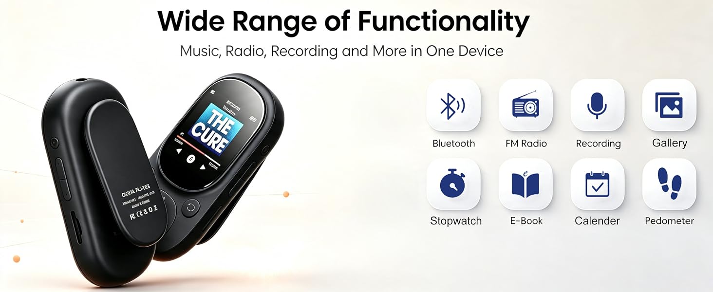 Multifunctional MP3 player with FM radio, voice recorder, pedometer, e-book reader, and bluetooth