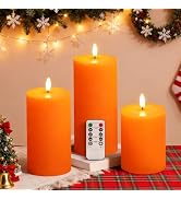 Eywamage Orange Fall Flameless Pillar Candles with Remote, Flickering Thanksgiving LED Wax Candle...