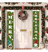 Christmas Banners for Outside, Gnome Christmas Door Banner, Green Plaid Merry Christmas Front Doo...