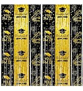 PatiCool Graduation Decorations, Thicken Black and Gold Tinsel Backdrop 2 Pack 3.3 x 6.6 FT, Foil...