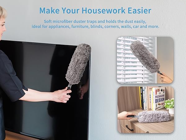 Gray microfiber duster being demonstrated on various surfaces including blinds and furniture, with multi-angle cleaning capability shown in three usage examples.