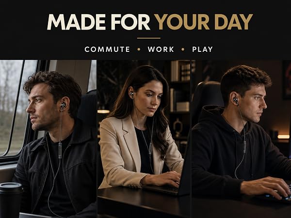 Split panels showing earbuds used for travel, calls, and gaming