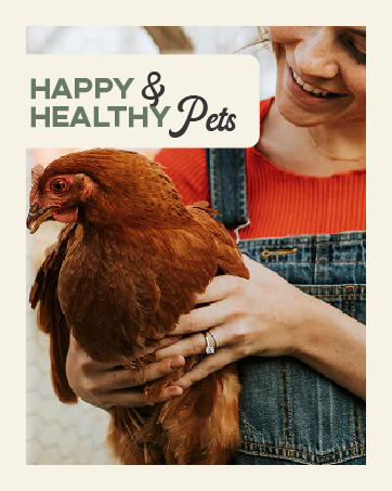 Person holding chicken with “Happy & Healthy Pets” text in farm setting