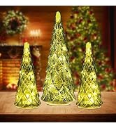 Christmas Decorations Indoor, YEAHOME Set of 3 Pre-lit Green Glass Christmas Tree for Home Decor,...