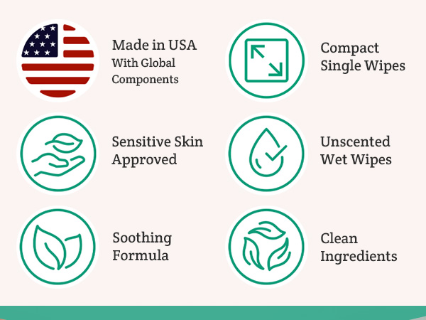 Made in the USA, single wipes, soothing formula, for sensitive skin, unscented, clean ingredients