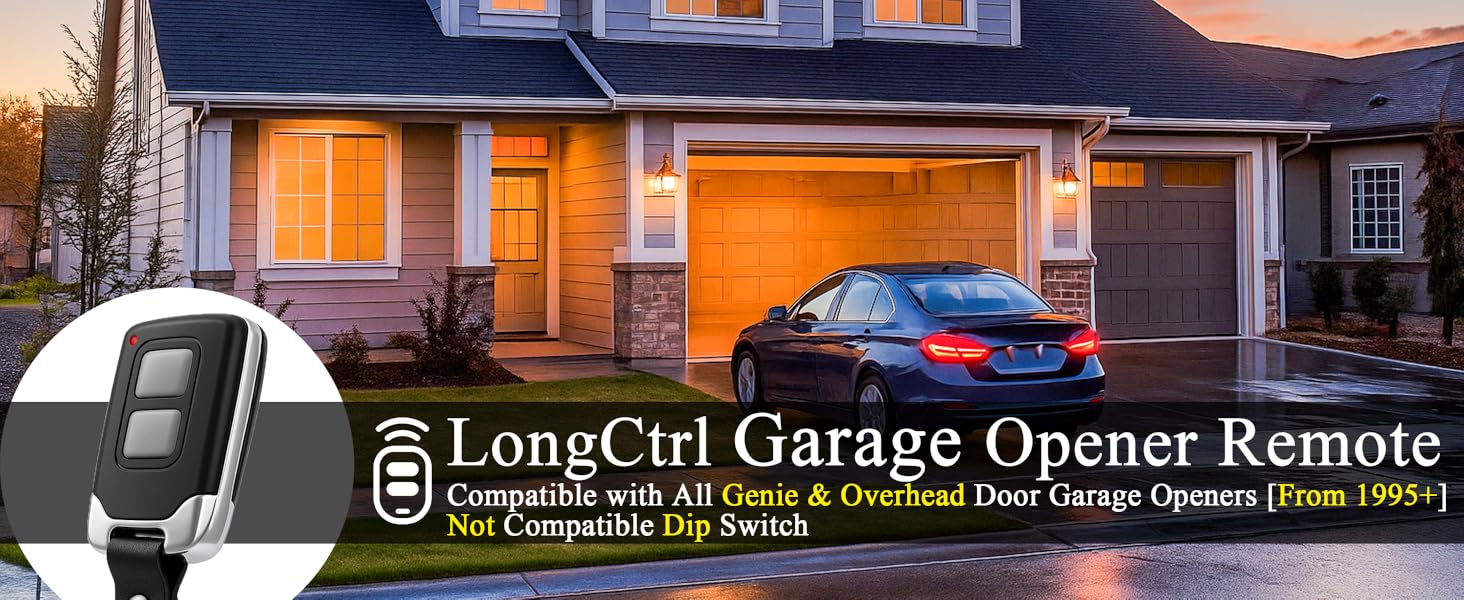 Compatible Genie & Overhead Door (1995+), 2-Door Control, Rolling Code, 150ft Range