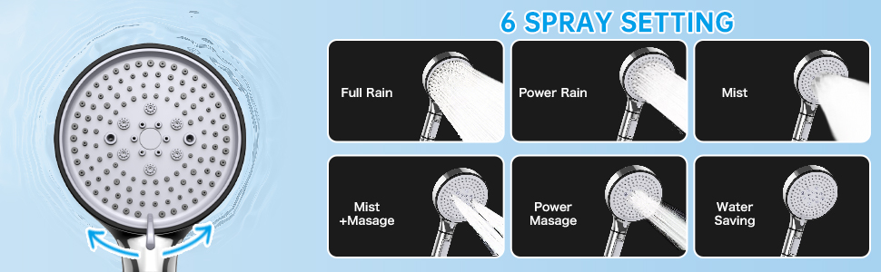 6 spray modes with instant pause button on the handheld shower head with hose for effortless control