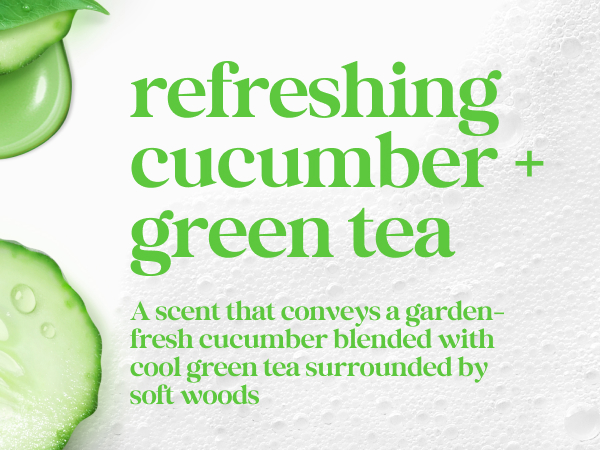 Slices of cucumber with white and green gel on white background with text.
