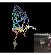 Qurbuns Car Praying Hands & Rosary Sticker, Reflective Hands Praying Pearl Jesus Decals, Vinyl Je...