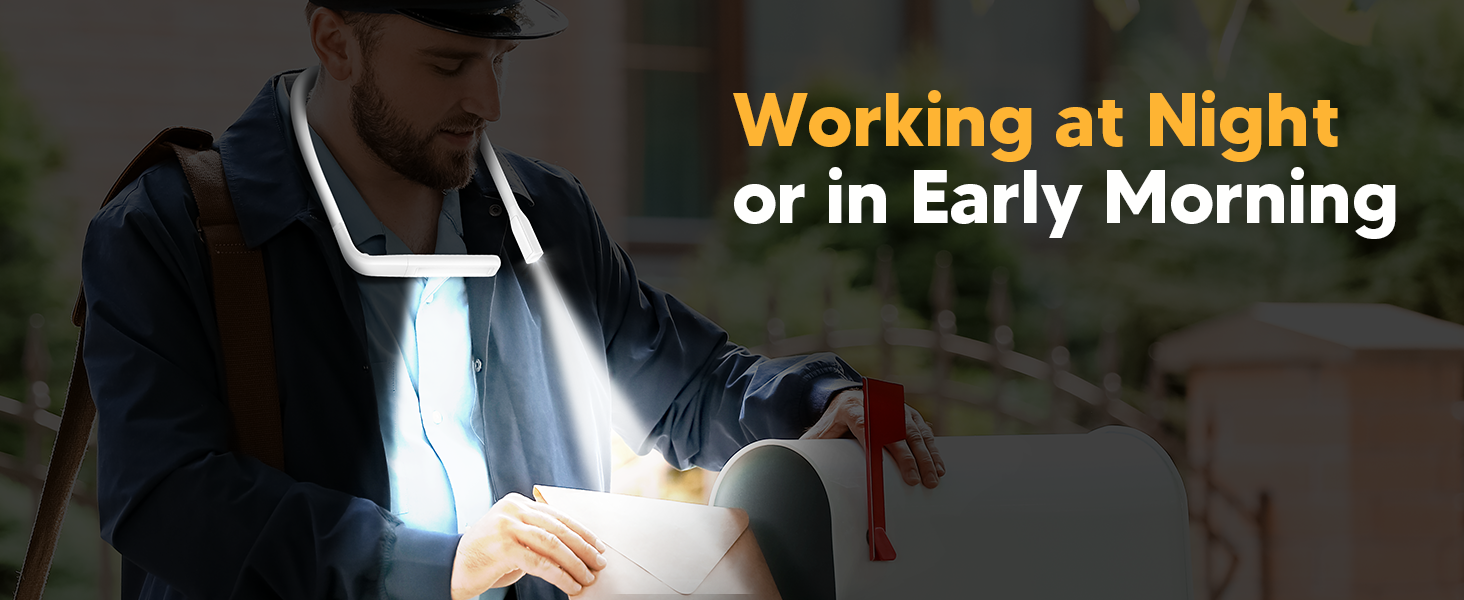 A mail carrier is delivering mail in the dark with the EastPin neck flashlight for illumination