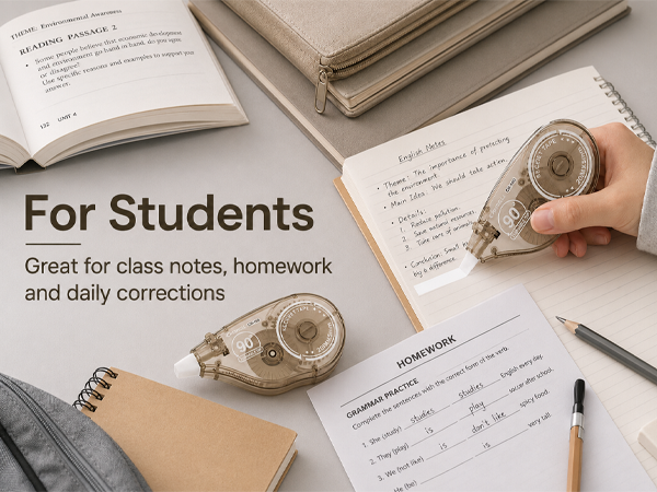 Student uses brown dry correction tape on school notes and homework pages for neat clean coverage.